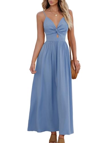 CUPSHE Damen Maxikleid Blumendruck Twisted V Ausschnitt Ärmellos Langes Kleid Sommer Casual Kleid, Blau, S von CUPSHE