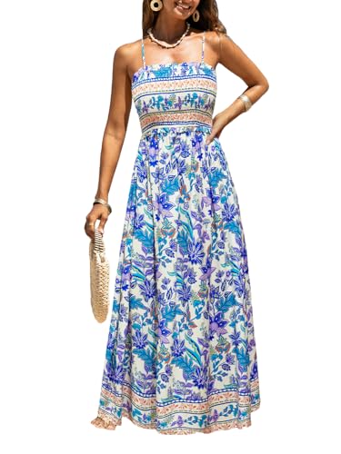 CUPSHE Damen Maxikleid Ditsy Floral gesmoktes Sommerkleid, ärmellos, gerüscht, Spaghettiträger, langes Strandkleid, formelles Kleid, Blau / Violett, Groß von CUPSHE