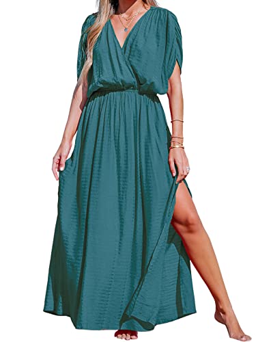 CUPSHE Damen Sommerkleid V Ausschnitt Kurzarm Seitenschlitz Strandkleid Lang Freizeitkleider Beach Cover Up Maxi Dress Türkis M von CUPSHE