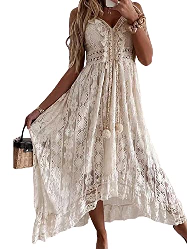 CUPSHE Damen Sommerkleid V Ausschnitt Floral Spitze Quasten Spaghetti Trägerkleid Freizeitkleider Hi-Low Party Boho Beach Maxi Dress Beige M von CUPSHE