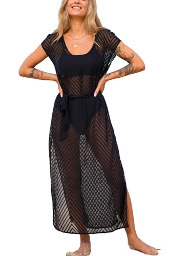 CUPSHE Damen-Maxikleid mit seitlichem Schlitz, zum Binden an der Taille, durchsichtig, Strandkleidung 2024, Schwarz, XL von CUPSHE