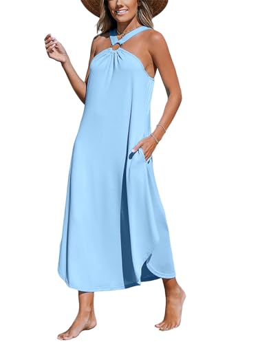CUPSHE Damen Midi-Wickelkleid, Smaragdgrün, V-Ausschnitt, Gürtel, kurze Ärmel, Rippstrick, fließendes Party-Cocktailkleid, hellblau, Medium von CUPSHE