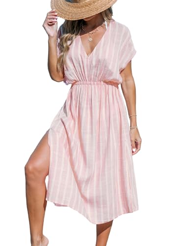 CUPSHE Damen Bikini Cover Up V-Ausschnitt Strandkleid Kurzarm Streifen Seitenschlitz Elastikbund Sommer Strandkleid Beach Midi Dress Hellrosa M von CUPSHE