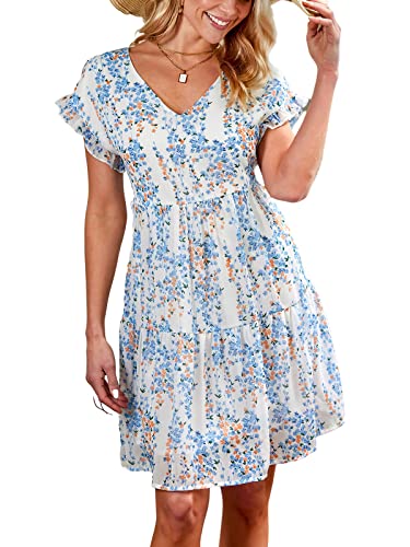 CUPSHE Damen Mini Babydoll Kleid Ditsy Floral V Ausschnitt Floral Kleid Kurzarm Gestuft Fließende A-Linie Casual Tunika Kleid, weiß, Medium von CUPSHE