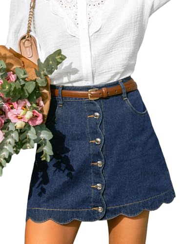 CUPSHE Damen Mini Jeans Rock Hohe Taille Gewelltem Saum Minirock Lässiger Jeansrock mit Taschen Dunkelblau L CUPSHE Damen Mini Jeans Rock Hohe Taille Gewelltem Saum Minirock Lässiger Jeansrock mit Taschen Dunkelblau L von CUPSHE