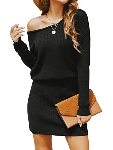 CUPSHE Damen Strickkleid One Shoulder Pulloverkleid Langarm Asymmetrisch Herbst Winter Pullikleid Minikleider Knit Sweater Dress Schwarz M von CUPSHE