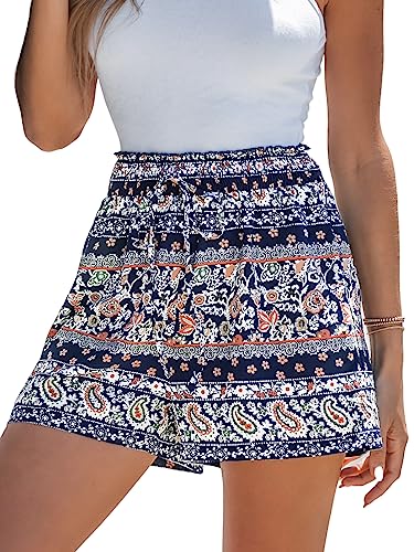 CUPSHE Damen Mini Shorts Floral Paisley Print Gesmokte Taille Shorts 2023 Casual, Marineblau mit Blumenmuster, S von CUPSHE