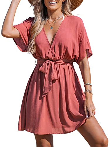 CUPSHE Damen Mini Wickelkleid Gürtel Kurze Ärmel V Ausschnitt Casual Sommer A-Linie Cocktailkleider, rot, L von CUPSHE