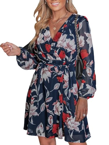 CUPSHE Damen Mini Wrap Casual Kleid V Surplice Ausschnitt Gürtel Langarm Floral Party A-Linie Cocktailkleid, marineblau / rot, Medium von CUPSHE