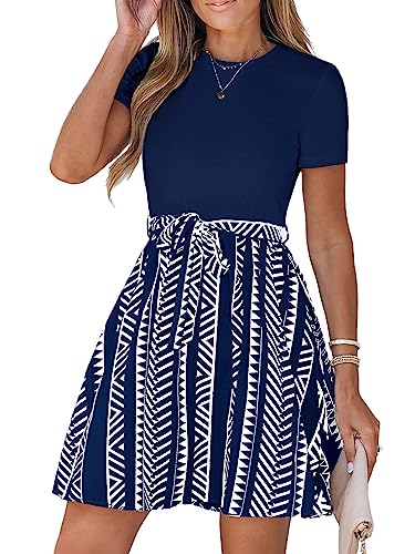 CUPSHE Damen-Minikleid, Geo-Print, Gürtel, Kombikleid, kurze Ärmel, Rundhalsausschnitt, lässige Sommerkleider, A-Linie, Cocktail, Marineblau, M von CUPSHE