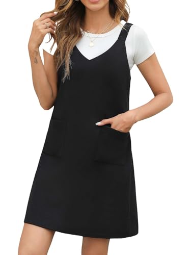 CUPSHE Damen Latzrock V Ausschnitt Taschen Ärmellos Breite Träger A Linie Latzkleid Overallkleid Freizeitkleider Mini Overalls Dress Schwarz M von CUPSHE