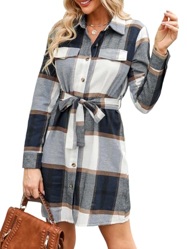 CUPSHE Damen Minikleid Gürtel Plaid Knopfleiste vorne Casual Langarm Kurz A-Linie Kleid, Marineblau, kariert, X-Groß von CUPSHE