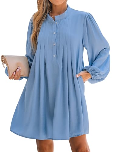 CUPSHE Damen Minikleid High Neck Plissee Half-Button Lange Bauernärmel A Linie Kurz Freizeitkleider mit Taschen, Blau, M CUPSHE Damen Minikleid High Neck Plissee Half-Button Lange Bauernärmel A Linie Kurz Freizeitkleider mit Taschen, Blau, M von CUPSHE