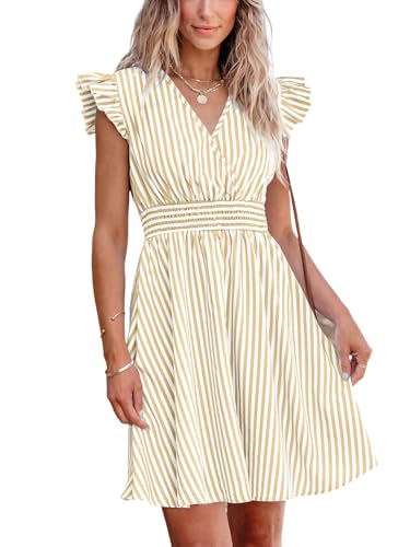 CUPSHE Damen Sommerkleid V-Ausschnitt Flatterärmel Minikleid Gesmokte Taille A-Linie Freizeitkleider Mini Dress von CUPSHE