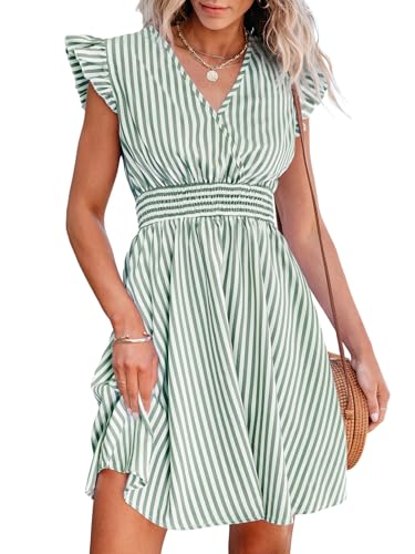 CUPSHE Damen Minikleid V-Ausschnitt Flatterärmel Gestreift Gesmokte Taille A Linie Kurz Sommer Cocktailkleid, Grün / gestreift, X-Klein von CUPSHE