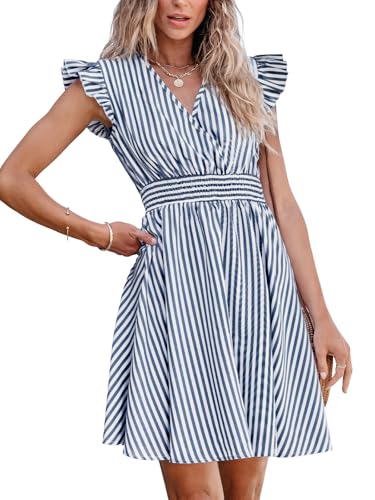 CUPSHE Damen Minikleid V-Ausschnitt Flatterärmel Gestreift Gesmokte Taille A Linie Kurz Sommer Cocktailkleid, Marineblau gestreift, XX-Large von CUPSHE