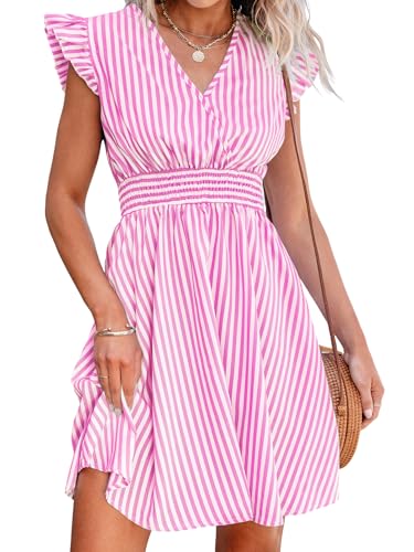 CUPSHE Damen Minikleid V-Ausschnitt Flatterärmel Gestreift Gesmokte Taille A Linie Kurz Sommer Cocktailkleid, Rosa gestreift, Groß von CUPSHE