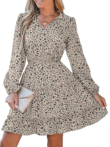 CUPSHE Damen-Minikleid mit V-Ausschnitt, Blumendruck, gestuft, gerüscht, langärmelig, lässig, Kordelzug, A-Linie, kurzes Kleid, Tan, S von CUPSHE