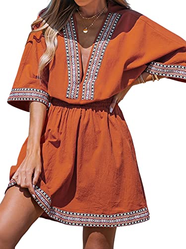 CUPSHE Damen Minikleider Boho V-Ausschnitt Gesticktes Gesmoktes Kleid Kurze Ärmel Casual Sommer A-Linie Partykleid, Orange, Medium von CUPSHE