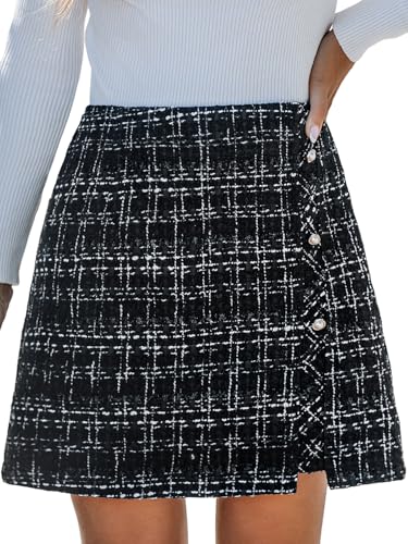 CUPSHE Damen Minirock Elegant Kariert Gewebt Kurzrock Plaid mit Seitenknöpfen Vielseitig Schick Damen Röcke, Schwarz, L von CUPSHE