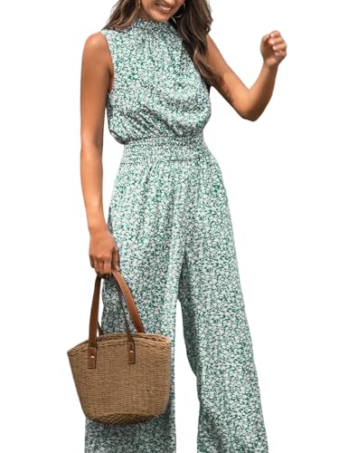 CUPSHE Damen Mock Neck Blumendruck Langer Strampler Ärmellos Gerades Bein Maxi Jumpsuit, Grünes Blumenmuster, XL von CUPSHE