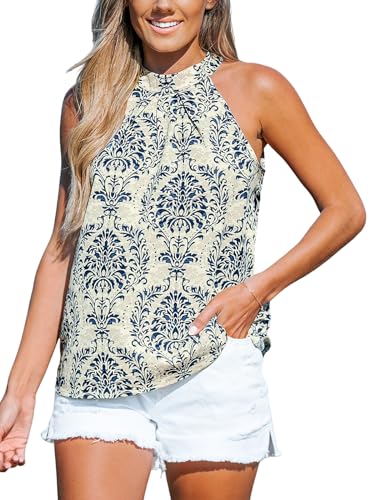CUPSHE Damen Neckholder Oberteil Stehkragen Ärmellose Schulterfreies Shirt Sommer Elegant Tunika Bluse Tops Beige Blaue Blumenmuster M von CUPSHE