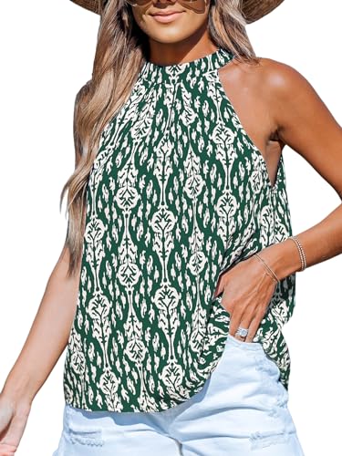 CUPSHE Damen Neckholder Tank Top Stehkragen Ärmellos Shirt Ethno Muster Schulterfreies Oberteil Sommer Elegant Tunika Bluse Tops Dunkelgrün/Ethno Look XL von CUPSHE
