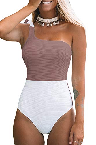 CUPSHE Damen One Shoulder Badeanzug Farbblock Strukturierte Standmode Asymmetrische Einteilige Bademode Swimsuit Braun/Weiß L von CUPSHE