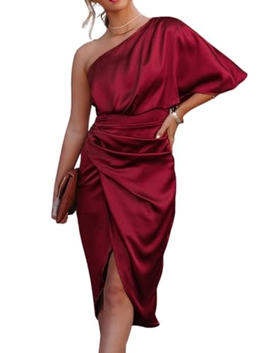 CUPSHE Damen One Shoulder Kleid in Satinoptik Raffungen Beinschlitz Asymmetrischer Partykleid Cocktailkleid Midi Dress Weinrot S von CUPSHE