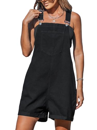 CUPSHE Damen Overall Denim Latzhose Kurz Jumpsuit Ärmellos Loose Romper Sommer Trägerhose mit Taschen Schwarz M von CUPSHE