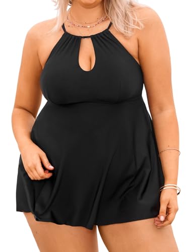 CUPSHE Damen Plus Size Tankini Set Neckholder High Neck Schlüsselloch Rocksaum Mid Waist Große Größen Zweiteiliger Badeanzug Curvy Bademode Swimsuit Schwarz 2X=XXL von CUPSHE