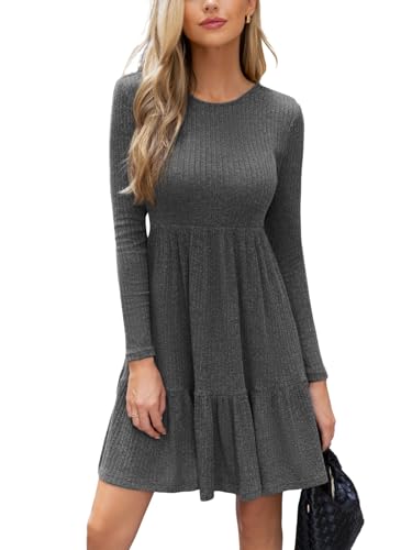 CUPSHE Damen Pullikleid Stricken Rundhals Langarm Gerippt Minikleid Rüschen Freizeitkleider Herbst A-Linie Elegant Mini Dress Dunkelgrau M von CUPSHE