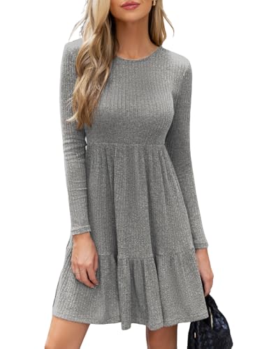 CUPSHE Damen Pullikleid Stricken Rundhals Langarm Gerippt Minikleid Rüschen Freizeitkleider Herbst A-Linie Elegant Mini Dress Grau M von CUPSHE