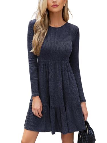 CUPSHE Damen Pullikleid Stricken Rundhals Langarm Gerippt Minikleid Rüschen Freizeitkleider Herbst A-Linie Elegant Mini Dress Marineblau XL von CUPSHE
