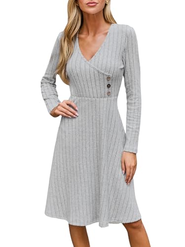 CUPSHE Damen Pullikleid V-Ausschnitt Langarm Knöpfe Strickkleid Herbst A-Linie Elegant Freizeitkleider Mini Dress Grau XL von CUPSHE