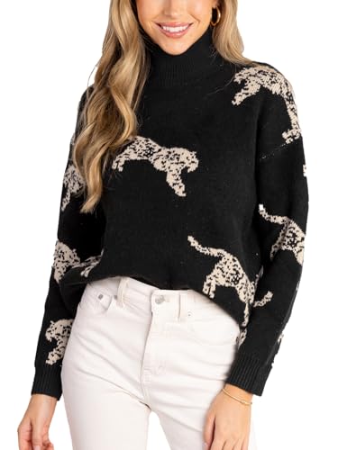 CUPSHE Damen Strickpullover Stehkragen Langarm Tierdruck Tigermuster 2024 Herbst Winter Feinstrick Pullover Oberteile Tops Lässig Knit Sweater Schwarz M von CUPSHE