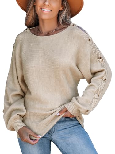 CUPSHE Damen Pullover, Strickpullover, langärmelig, U Boot Ausschnitt, überschnittene Schultern, Herbst Pullover, beige, M von CUPSHE