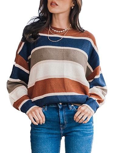 CUPSHE Damen Strickpullover Rundhals Langarm Farbblock Streifen Feinstrick Pulli Oberteile Tops Lässig Knit Sweater Braun M von CUPSHE