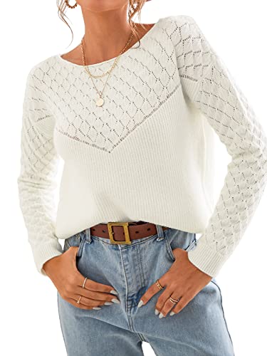 CUPSHE Damen Strickpullover Rundhals Langarm Rautenmuster Feinstrick Pulli Oberteile Tops Lässig Knit Sweater Weiß L von CUPSHE