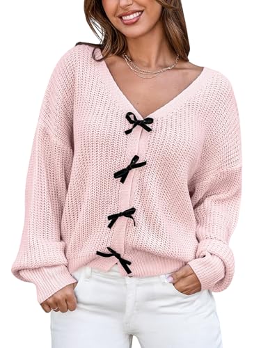 CUPSHE Damen Pullover Langarm Schleife Sweater Häkelstrick V-Ausschnitt Trendy Herbst Pullover Sweaters Top, Rose, L von CUPSHE