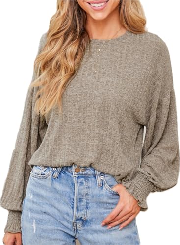 CUPSHE Damen Pullover Rundhals Lange Puffärmel Überschnittene Schultern Oversize Oberteile Top Shirts Khaki XL von CUPSHE