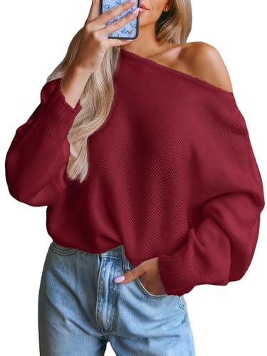 CUPSHE Damen Strickpullover One Shoulder Fledermausärmel Feinstrick Schulterfreier Pulli Oberteile Tops Casual Off Shoulder Knit Sweater Rot S von CUPSHE
