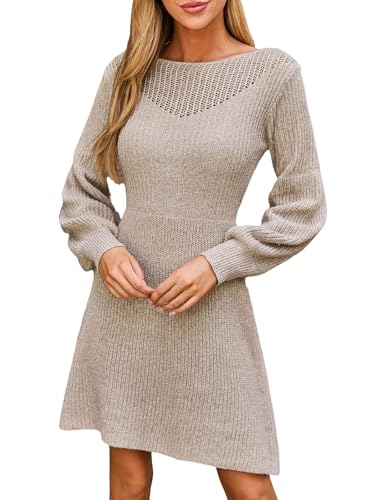 CUPSHE Damen Pulloverkleid U-Boot-Ausschnitt Lange Puffärmel Aushöhlen Rippstrick A Linie Herbst Warm Casual Mini Pullover Sweater Kleider, khaki, M von CUPSHE