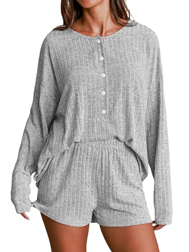 CUPSHE Damen-Pyjama-Set, langärmeliges Oberteil und Shorts, Nachtwäsche, passendes Lounge-Set, Loungewear, Sweatsuit, grau, M von CUPSHE