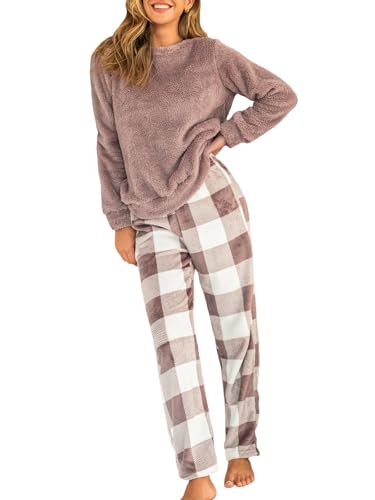 CUPSHE Damen-Pyjama-Set aus Fleece, Rundhalsausschnitt, langärmelig, Tops und karierte Hose, warme Pyjamas, Loungewear-Sets, rose, L von CUPSHE
