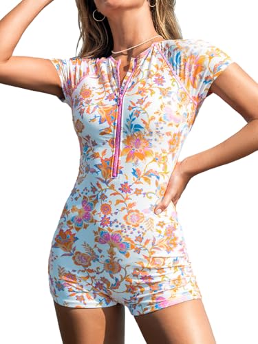 CUPSHE Damen Rash Guard Badeanzug Reißverschluss High Neck Kurzarm Rückenausschnitt Boyleg Shorts Einteiliger Schwimmanzug Swimsuit Weiß/Orange mit Blumenmuster L von CUPSHE