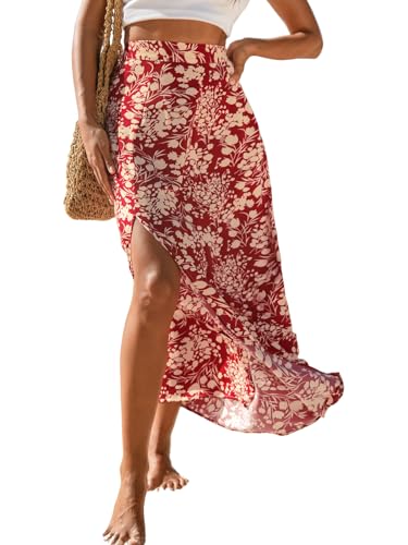 CUPSHE Damen Rock Blumen Druck Maxirock Hohe Taille Seitenschlitz A-Linie Sommer Elegent Strandrock mit Reißverschluss Rot XS von CUPSHE