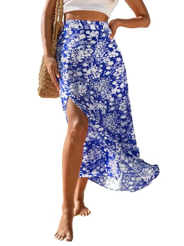 CUPSHE Damen Rock Blumendruck Maxirock Hohe Taille Seitenschlitz A-Linie Sommer Elegant Strandrock mit Reißverschluss, blau, XL CUPSHE Damen Rock Blumendruck Maxirock Hohe Taille Seitenschlitz A-Linie Sommer Elegant Strandrock mit Reißverschluss, blau, XL von CUPSHE
