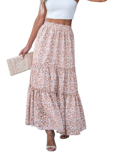 CUPSHE Damen Rock Elastische Taille A Line Maxirock Faltenrock Mikro Rüschen Elegant Maxi Skirt Langrock Strandrock Freizeitrock, Rosa & Ditsy Blumen, XL von CUPSHE