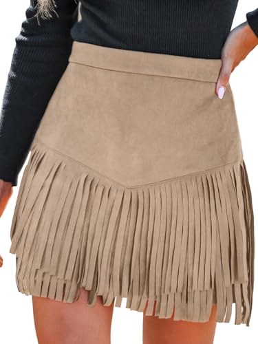 CUPSHE Damen Rock Herbst Winter Fransen Wildleder Rock, High Waist Western Outfit Minirock Mini Skirt, Aprikose, S von CUPSHE
